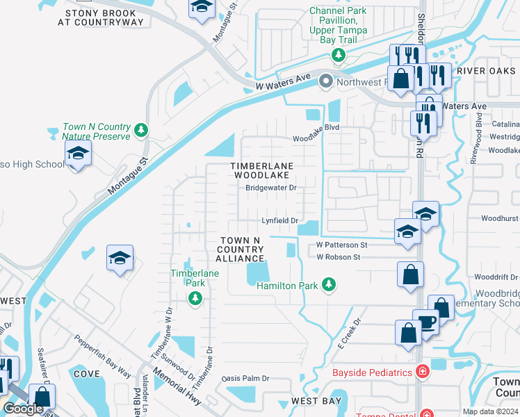 map of restaurants, bars, coffee shops, grocery stores, and more near 9604 Kingsburgh Court in Tampa