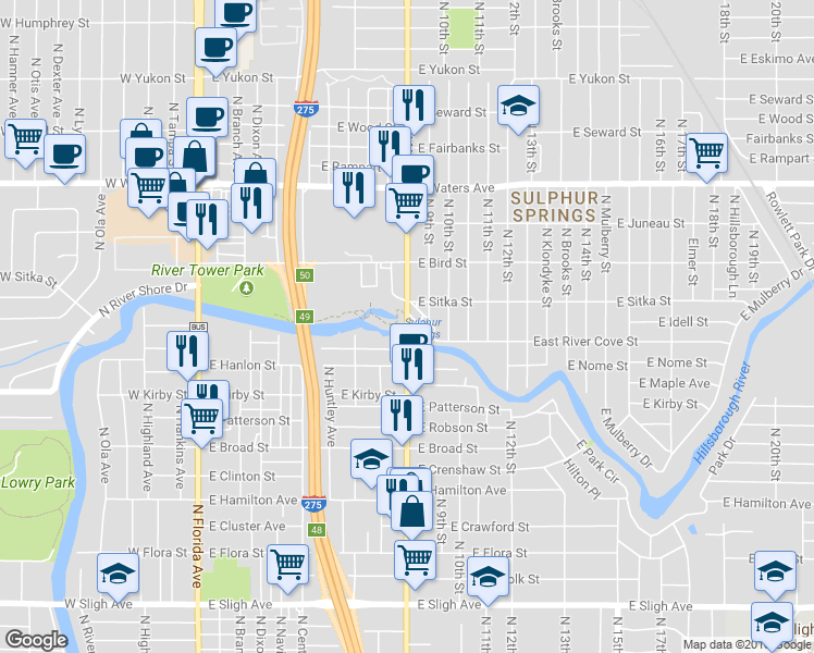 map of restaurants, bars, coffee shops, grocery stores, and more near 3 North Nebraska Avenue in Tampa