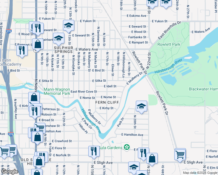 map of restaurants, bars, coffee shops, grocery stores, and more near 1703 East Idell Street in Tampa