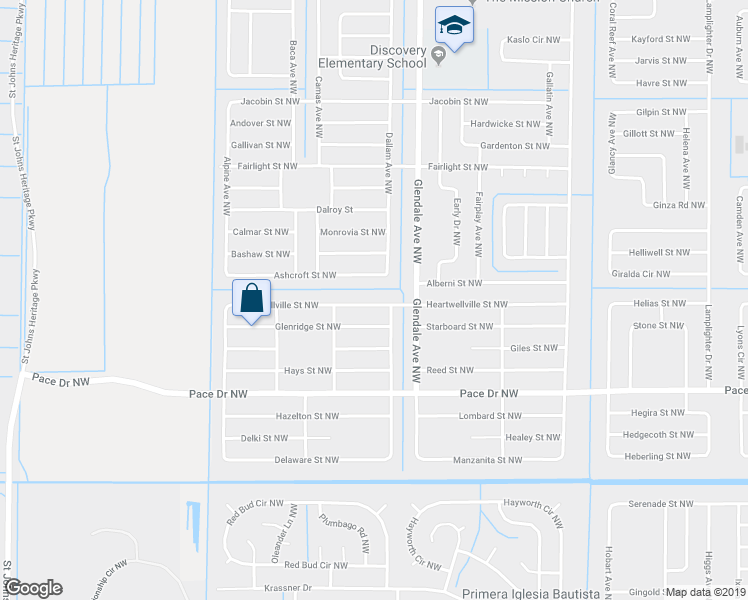 map of restaurants, bars, coffee shops, grocery stores, and more near 1647 Heartwellville Street Northwest in Palm Bay