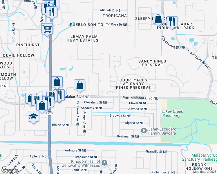 map of restaurants, bars, coffee shops, grocery stores, and more near 890 Wateroak Drive Northeast in Palm Bay