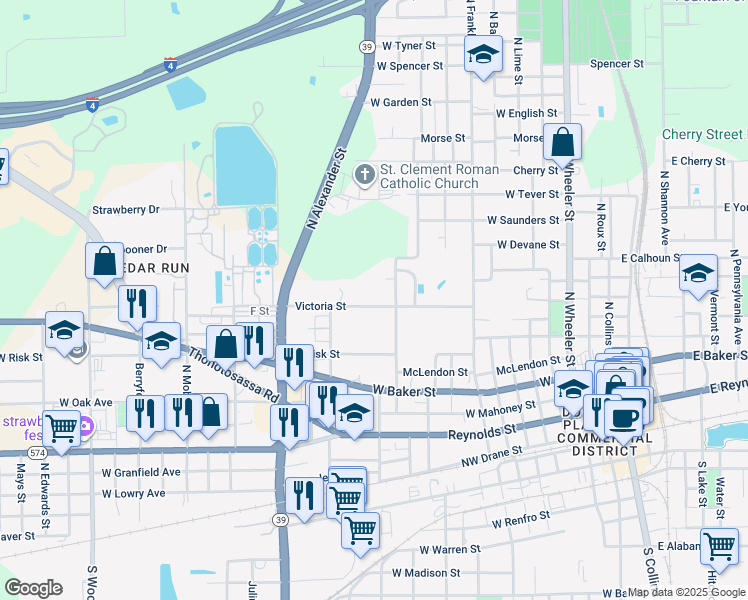 map of restaurants, bars, coffee shops, grocery stores, and more near 1206 Victoria Street in Plant City