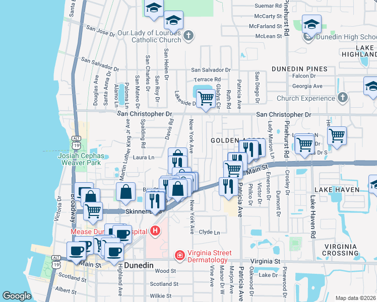 map of restaurants, bars, coffee shops, grocery stores, and more near 1222 Orange Avenue in Dunedin