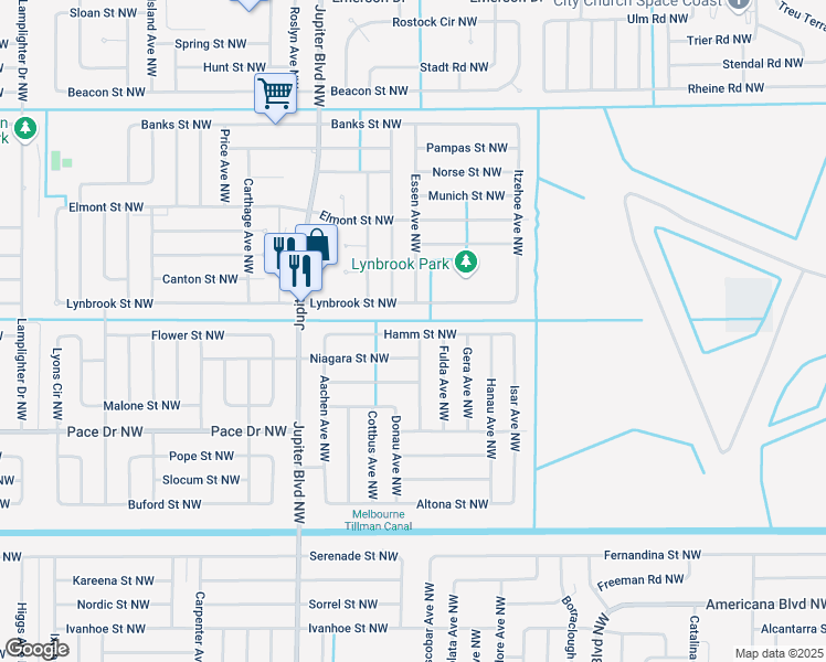 map of restaurants, bars, coffee shops, grocery stores, and more near 762 Hamm Street Northwest in Palm Bay