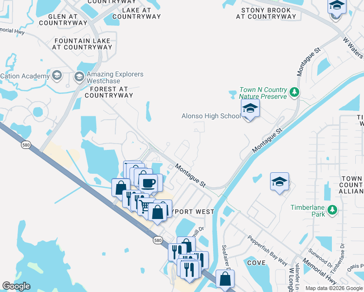 map of restaurants, bars, coffee shops, grocery stores, and more near 8115 Champions Forest Way in Tampa