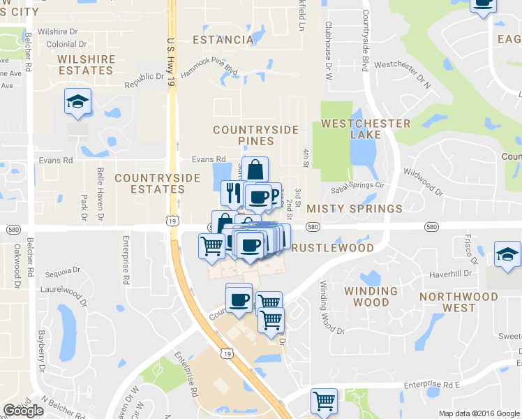map of restaurants, bars, coffee shops, grocery stores, and more near 27282 US Highway 19 North in Clearwater