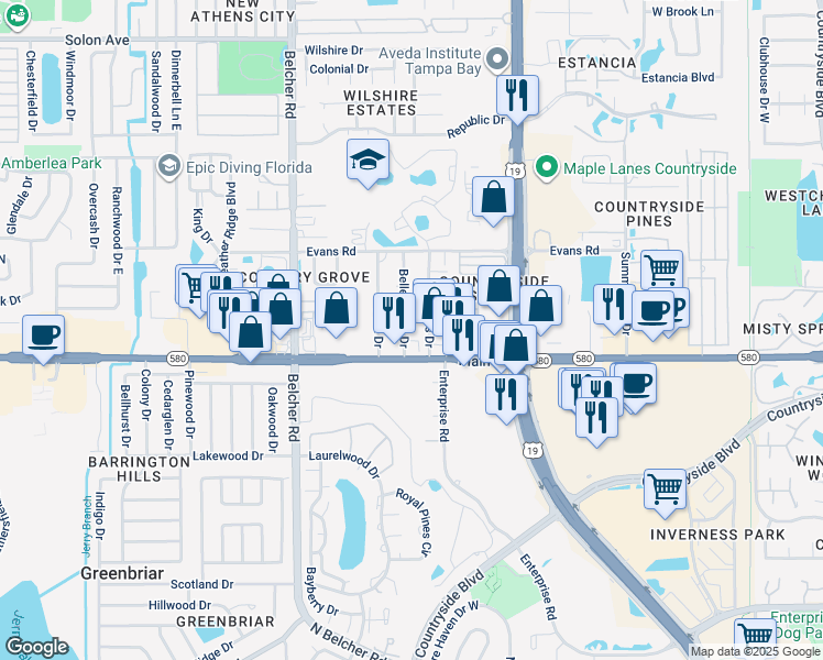 map of restaurants, bars, coffee shops, grocery stores, and more near 2298 Florida 580 in Clearwater