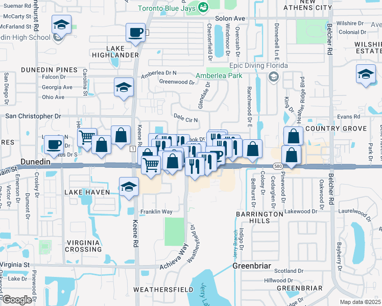 map of restaurants, bars, coffee shops, grocery stores, and more near 1750 Main Street in Dunedin