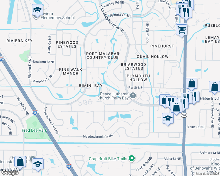 map of restaurants, bars, coffee shops, grocery stores, and more near 1413 Island Green Drive Northeast in Palm Bay