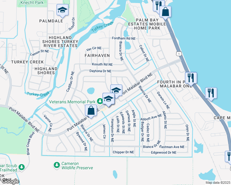 map of restaurants, bars, coffee shops, grocery stores, and more near 2234 Port Malabar Boulevard Northeast in Palm Bay