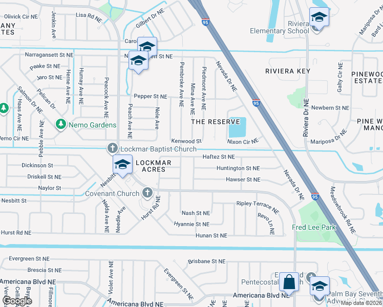 map of restaurants, bars, coffee shops, grocery stores, and more near 885 Pembroke Avenue Northeast in Palm Bay
