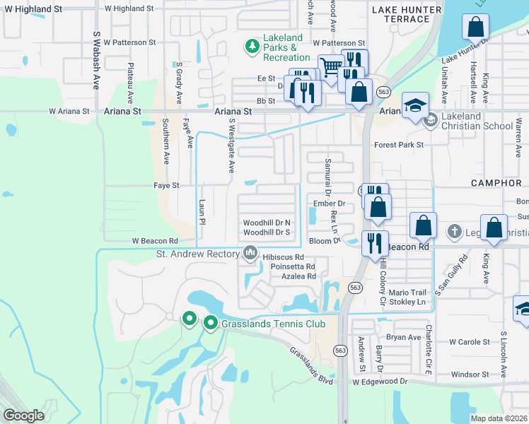 map of restaurants, bars, coffee shops, grocery stores, and more near Woodhill Dr N in Lakeland