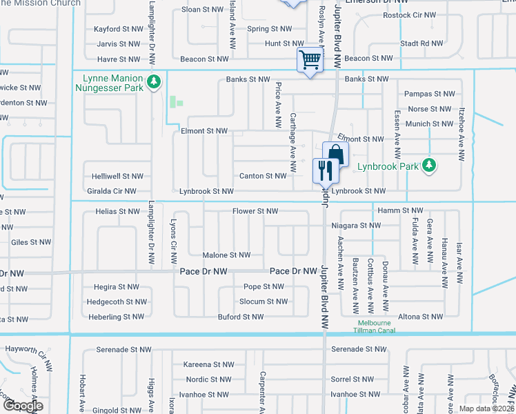 map of restaurants, bars, coffee shops, grocery stores, and more near 890 Hawaii Avenue Northwest in Palm Bay