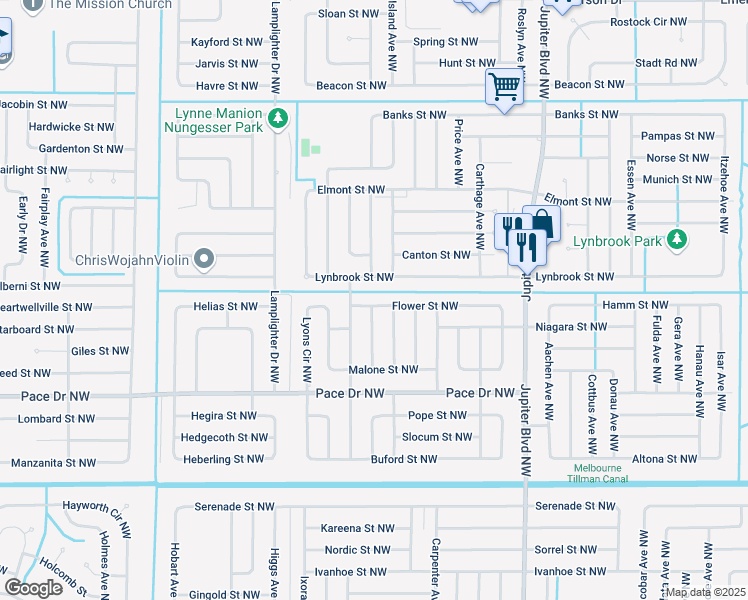 map of restaurants, bars, coffee shops, grocery stores, and more near 1159 Flower Street Northwest in Palm Bay