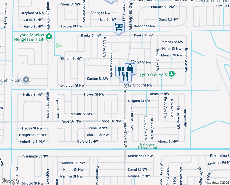 map of restaurants, bars, coffee shops, grocery stores, and more near 911 Flower Street Northwest in Palm Bay