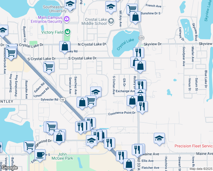 map of restaurants, bars, coffee shops, grocery stores, and more near 1832 Crystal Grove Drive in Lakeland