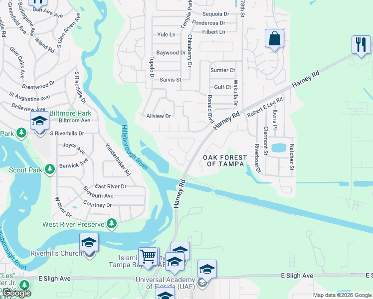 map of restaurants, bars, coffee shops, grocery stores, and more near 8104 River Mont Way in Tampa