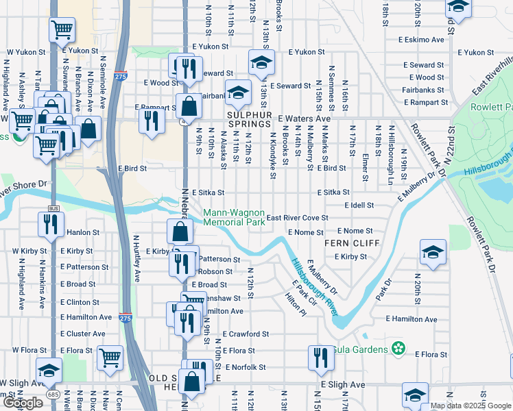 map of restaurants, bars, coffee shops, grocery stores, and more near 8002 North 12th Street in Tampa