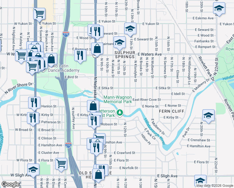 map of restaurants, bars, coffee shops, grocery stores, and more near 912 East River Cove Street in Tampa