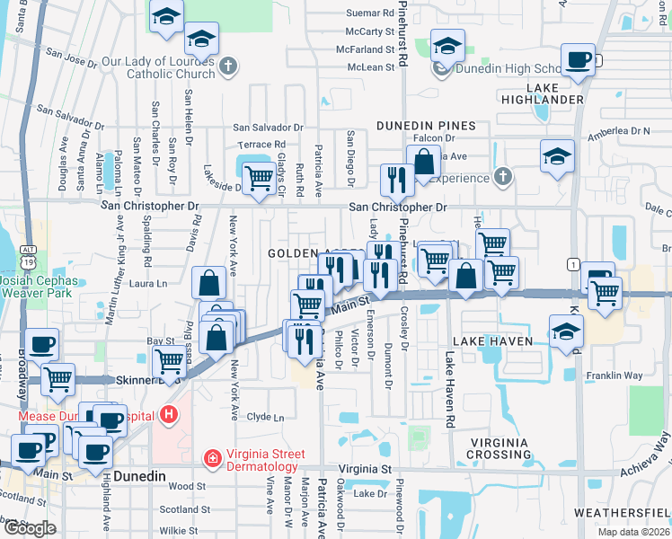 map of restaurants, bars, coffee shops, grocery stores, and more near 1229 Little John Lane in Dunedin