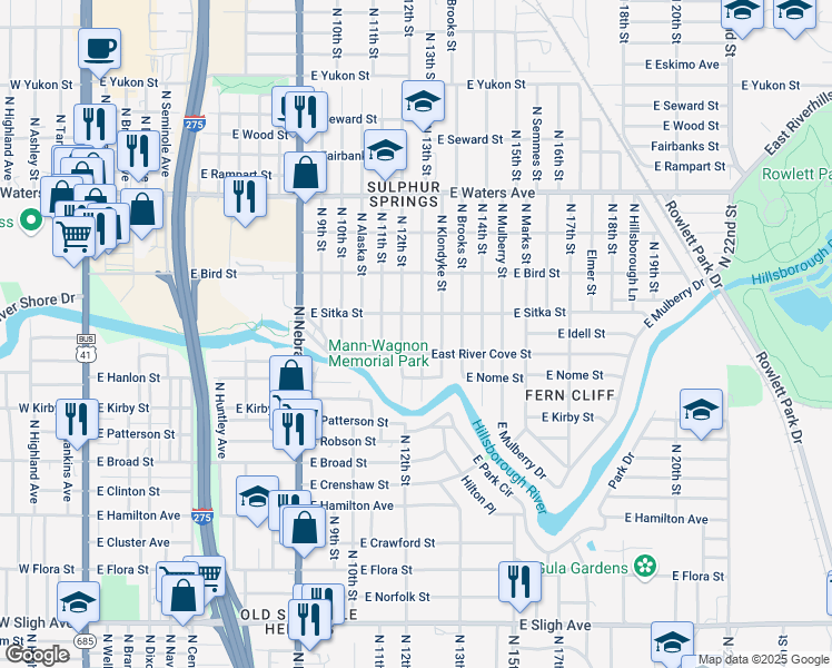 map of restaurants, bars, coffee shops, grocery stores, and more near 8002 North 12th Street in Tampa