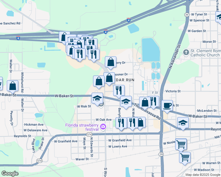 map of restaurants, bars, coffee shops, grocery stores, and more near 2201 Thonotosassa Road in Plant City