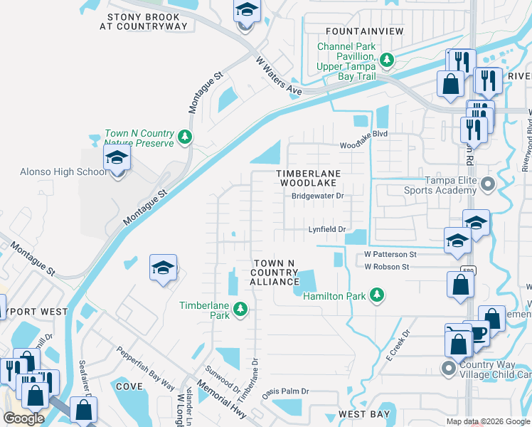 map of restaurants, bars, coffee shops, grocery stores, and more near 10108 Enchanted Oaks Court in Tampa