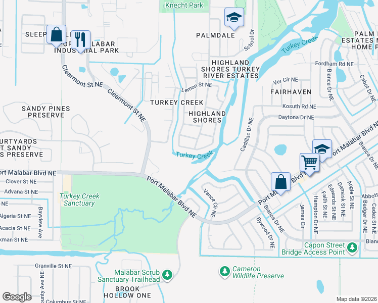 map of restaurants, bars, coffee shops, grocery stores, and more near 895 Sunswept Road Northeast in Palm Bay