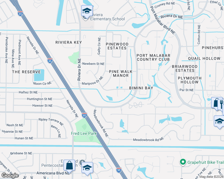 map of restaurants, bars, coffee shops, grocery stores, and more near 1174 Craftsland Lane Northeast in Palm Bay
