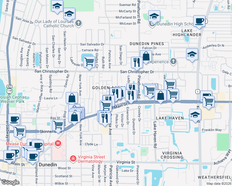 map of restaurants, bars, coffee shops, grocery stores, and more near 1229 Little John Lane in Dunedin
