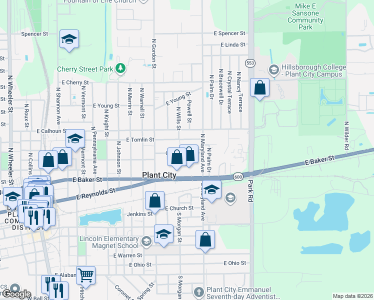 map of restaurants, bars, coffee shops, grocery stores, and more near 1407 Oakdale Street in Plant City