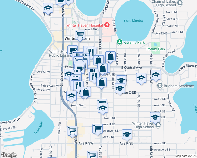 map of restaurants, bars, coffee shops, grocery stores, and more near 122 Avenue B Southeast in Winter Haven