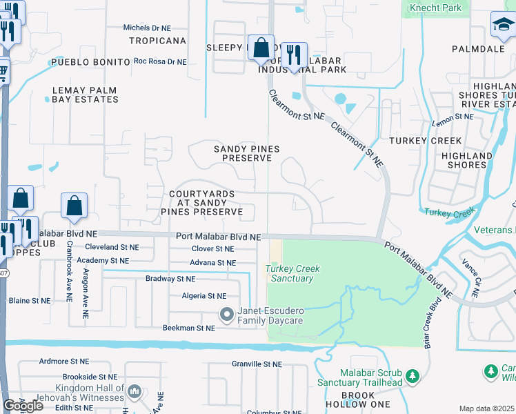 map of restaurants, bars, coffee shops, grocery stores, and more near 2157 Redwood Circle in Palm Bay