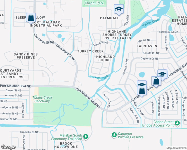 map of restaurants, bars, coffee shops, grocery stores, and more near 895 Sunswept Road Northeast in Palm Bay