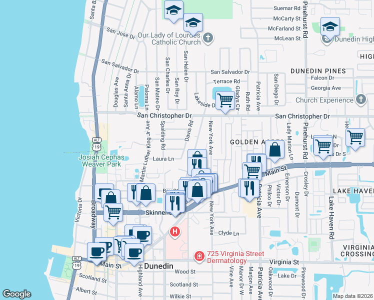 map of restaurants, bars, coffee shops, grocery stores, and more near 1209 Davis Road in Dunedin