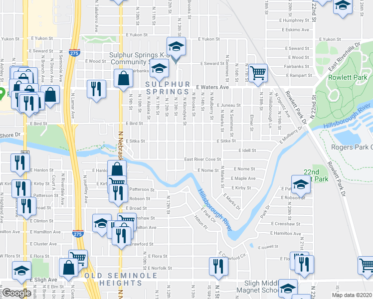 map of restaurants, bars, coffee shops, grocery stores, and more near 8011 North Klondyke Street in Tampa