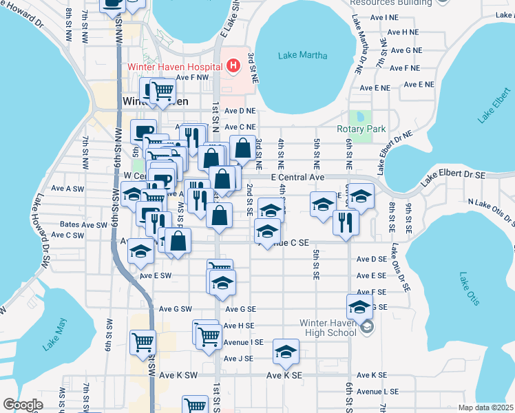 map of restaurants, bars, coffee shops, grocery stores, and more near 204 Avenue B Southeast in Winter Haven