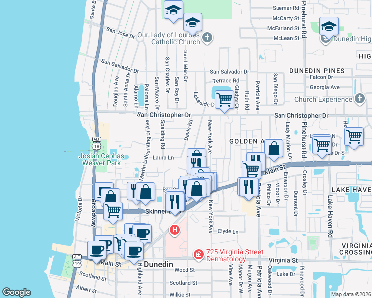 map of restaurants, bars, coffee shops, grocery stores, and more near 1209 Davis Road in Dunedin