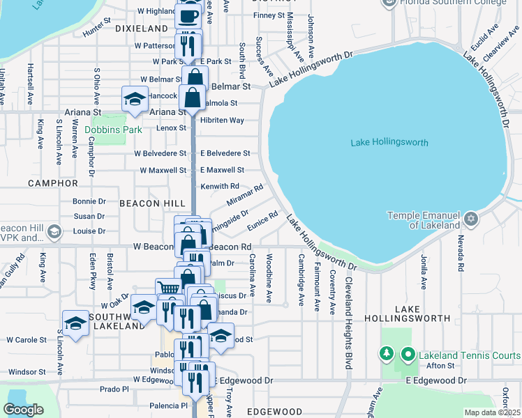map of restaurants, bars, coffee shops, grocery stores, and more near 433 Eunice Road in Lakeland