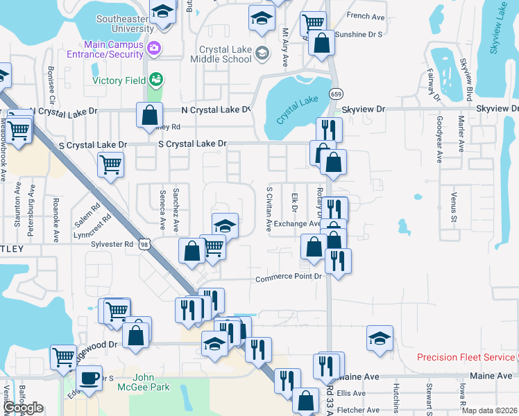 map of restaurants, bars, coffee shops, grocery stores, and more near 1832 Crystal Grove Drive in Lakeland