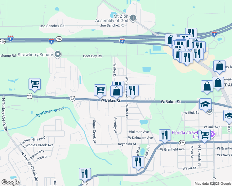 map of restaurants, bars, coffee shops, grocery stores, and more near 3516 West Baker Street in Plant City