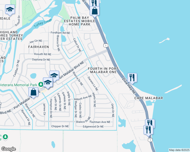 map of restaurants, bars, coffee shops, grocery stores, and more near 961 Darwin Lane Northeast in Palm Bay