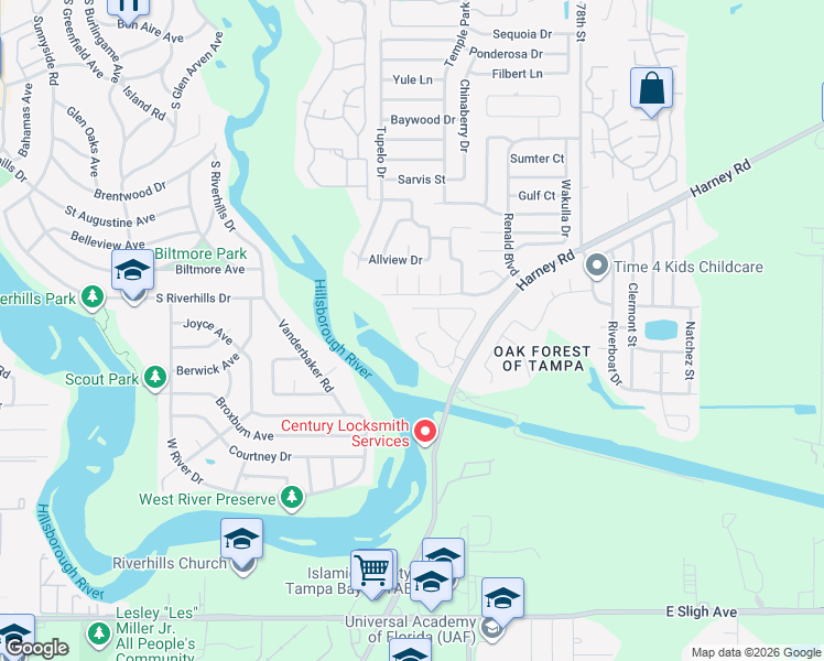 map of restaurants, bars, coffee shops, grocery stores, and more near 7423 Terrace River Drive in Tampa