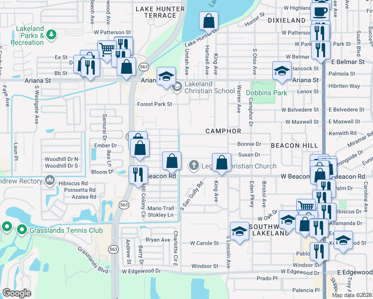 map of restaurants, bars, coffee shops, grocery stores, and more near 1015 Susan Drive in Lakeland
