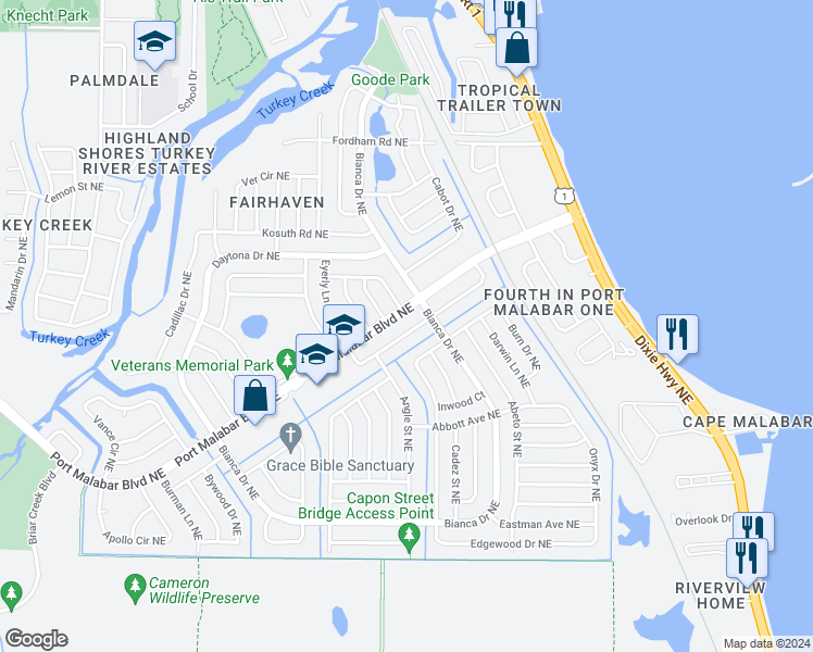 map of restaurants, bars, coffee shops, grocery stores, and more near 2973 Garden Terrace Northeast in Palm Bay