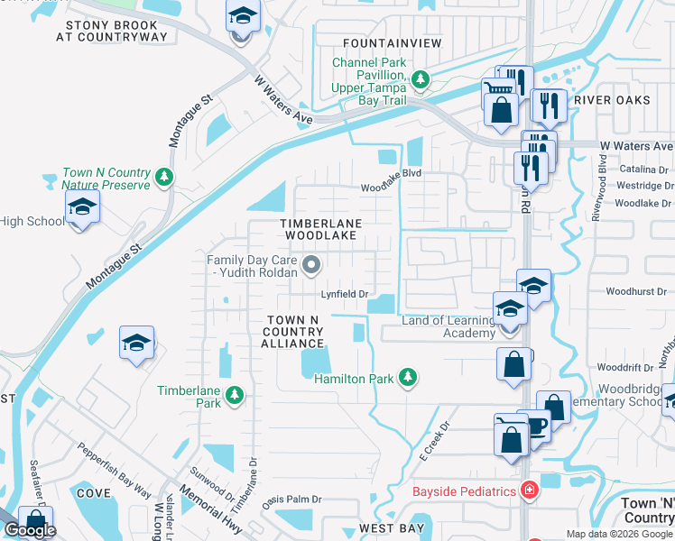 map of restaurants, bars, coffee shops, grocery stores, and more near 9607 Lambrook Court in Tampa