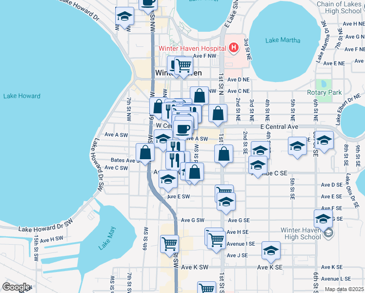 map of restaurants, bars, coffee shops, grocery stores, and more near 201 3rd Street Southwest in Winter Haven