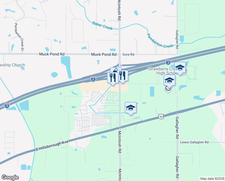 map of restaurants, bars, coffee shops, grocery stores, and more near 4650 McIntosh Rd in Seffner