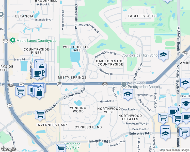 map of restaurants, bars, coffee shops, grocery stores, and more near 2749 Countryside Boulevard in Clearwater
