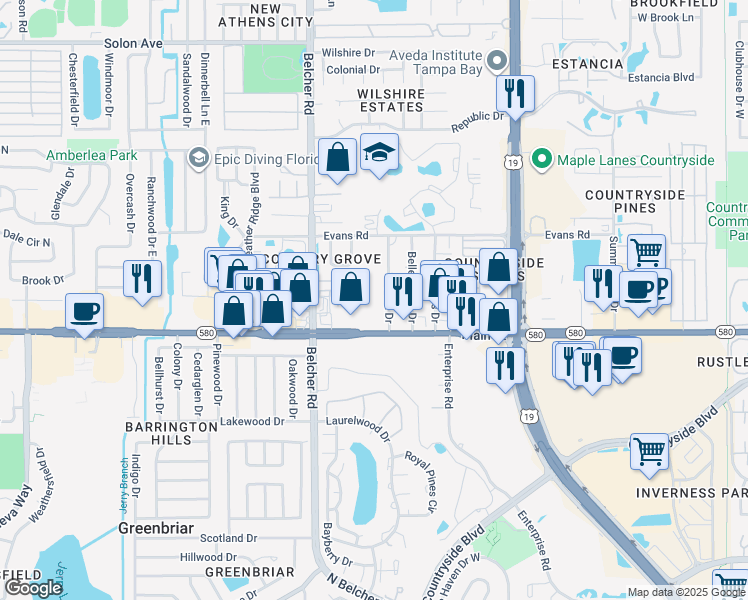 map of restaurants, bars, coffee shops, grocery stores, and more near 2736 Park Drive in Clearwater
